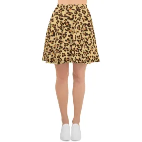 Leopard Print Women's Skater Skirt, Brown Animal Print Mid-Thigh Skirt-Made in USA/EU