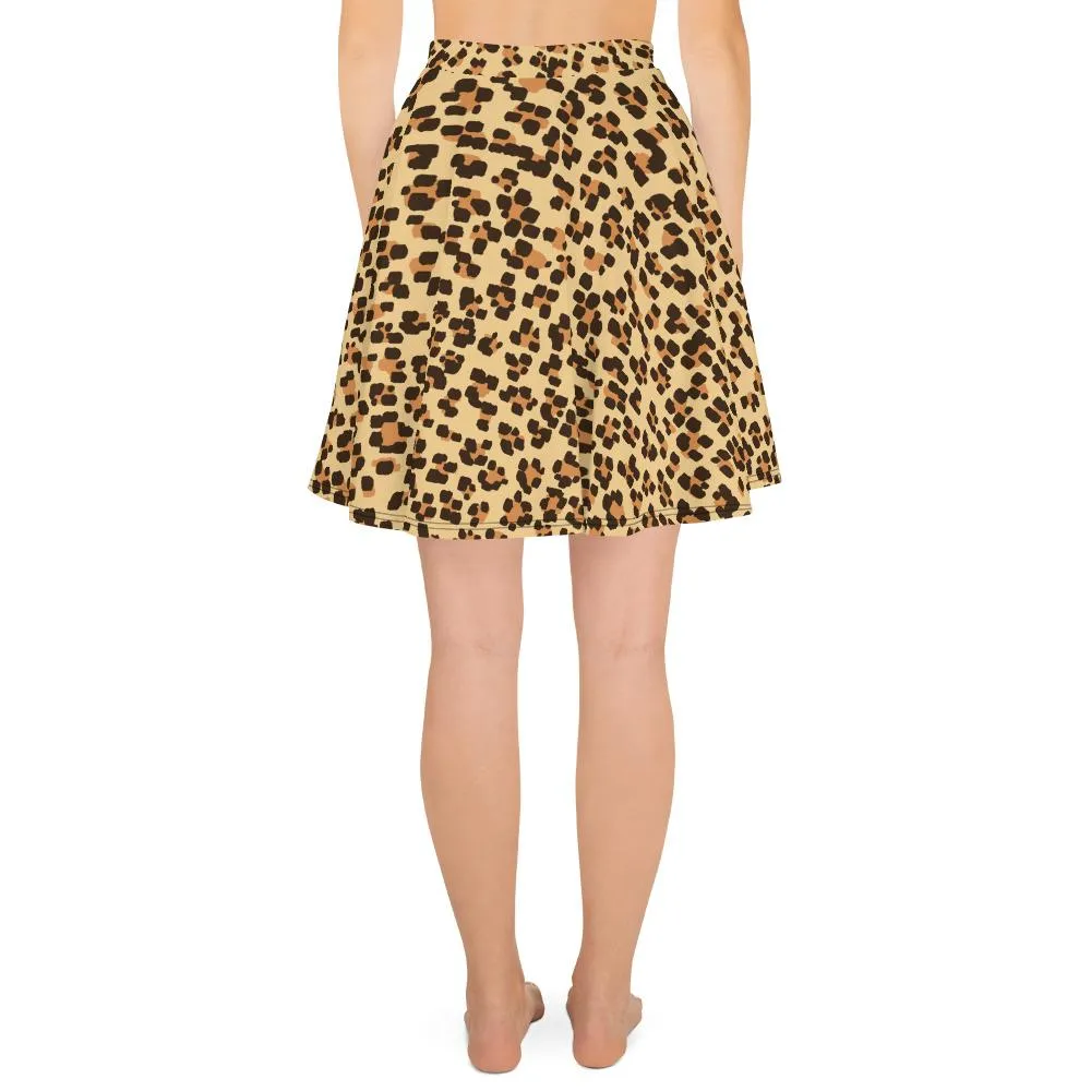 Leopard Print Women's Skater Skirt, Brown Animal Print Mid-Thigh Skirt-Made in USA/EU