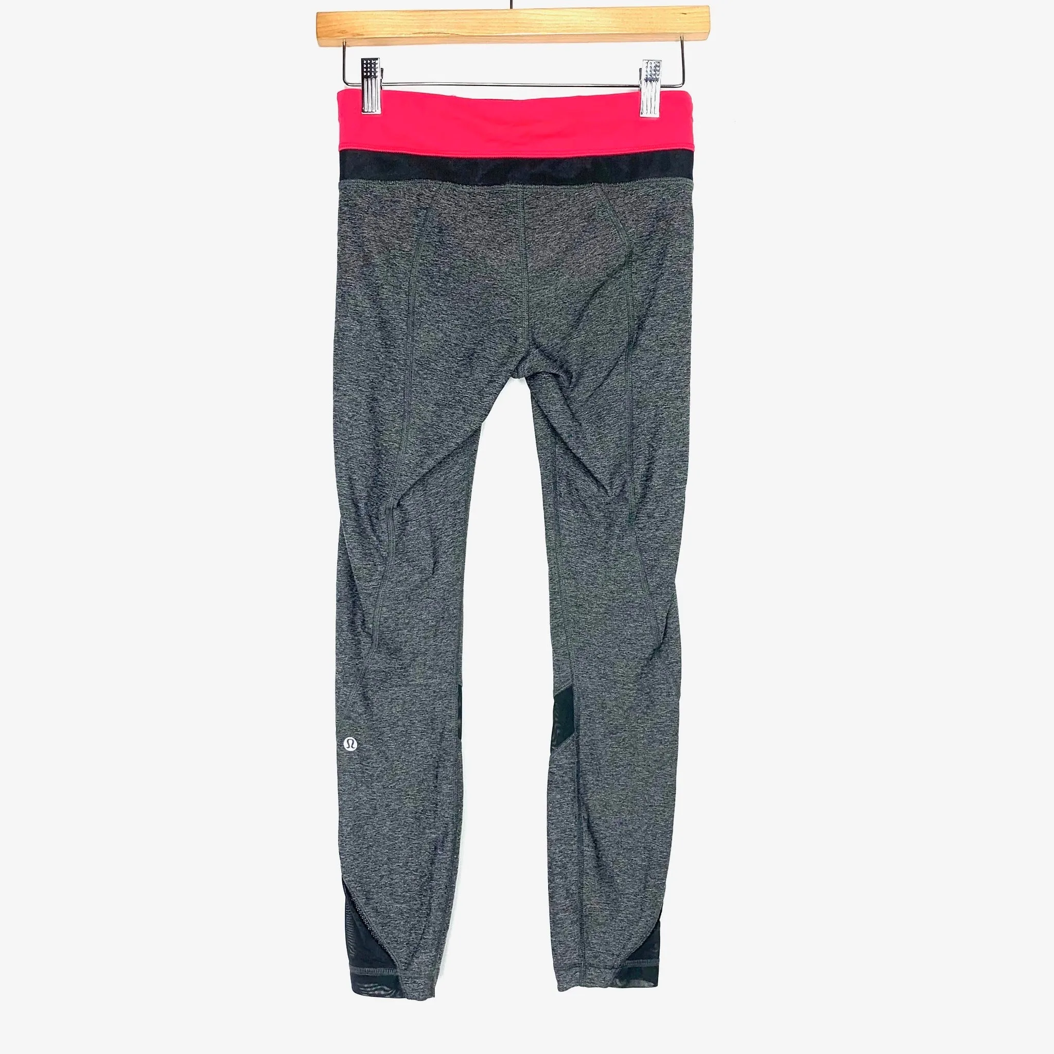 Lululemon Grey Heathered Front Zipper Leggings With Side Mesh & Pink Waistband- Size 4 (Inseam 24")