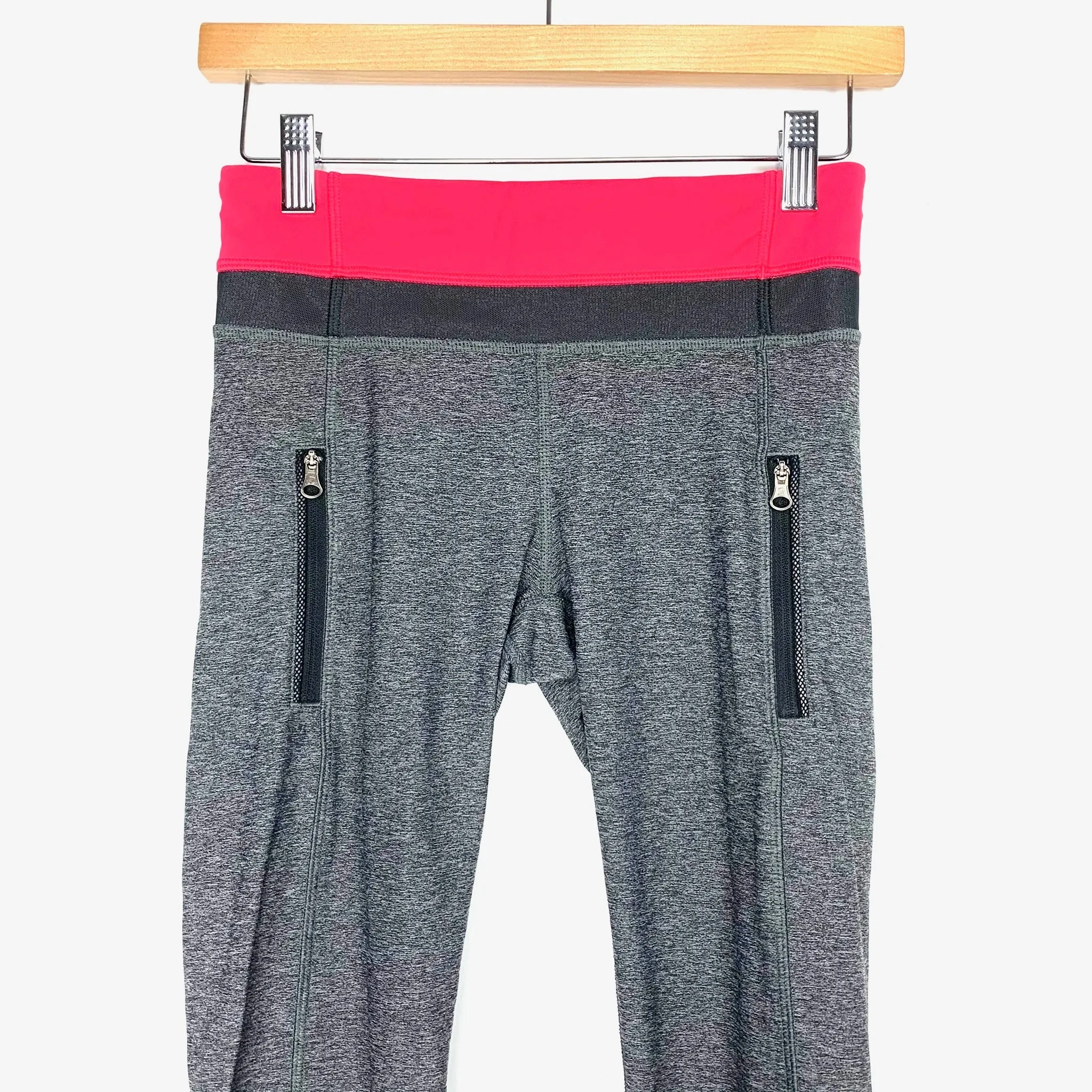 Lululemon Grey Heathered Front Zipper Leggings With Side Mesh & Pink Waistband- Size 4 (Inseam 24")