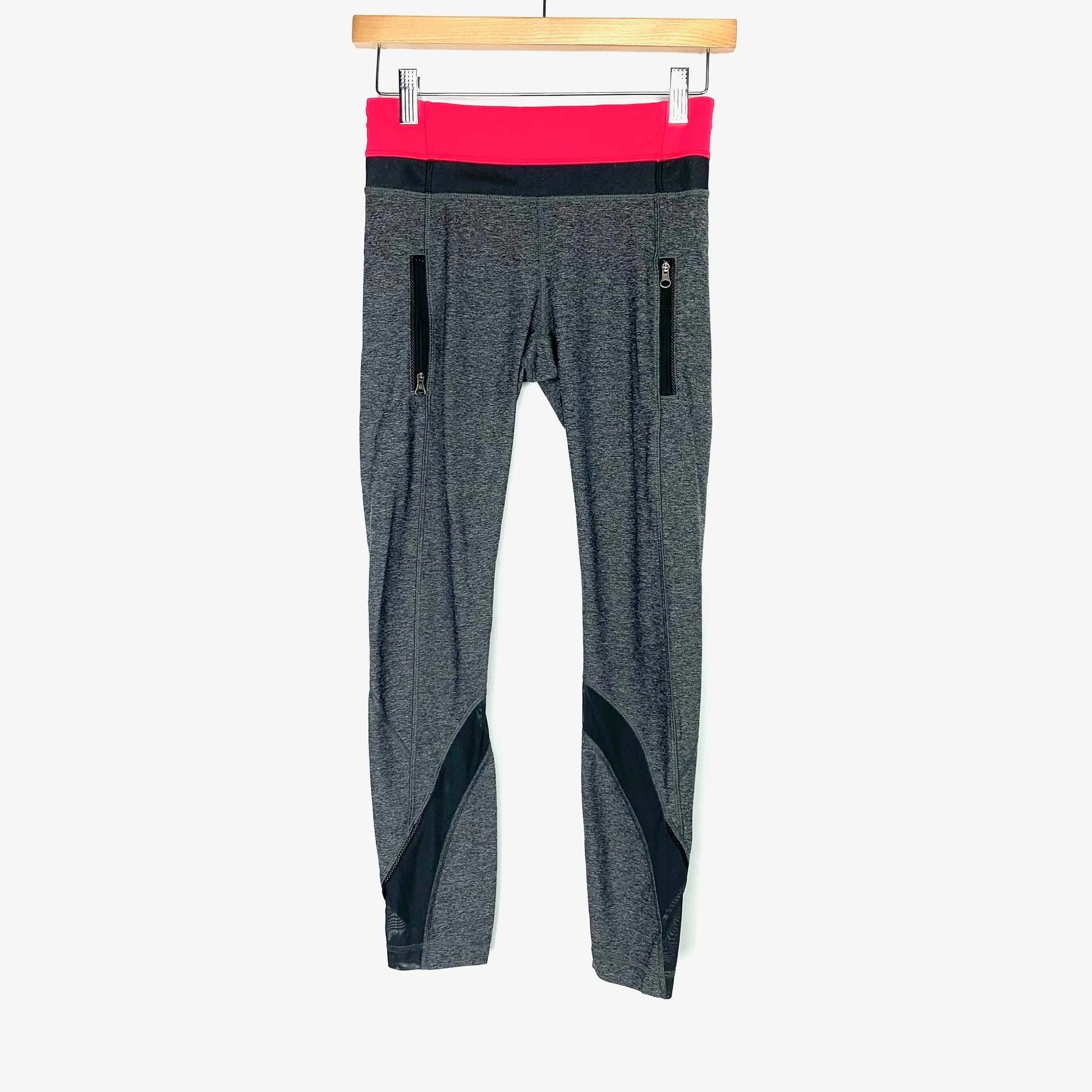 Lululemon Grey Heathered Front Zipper Leggings With Side Mesh & Pink Waistband- Size 4 (Inseam 24")