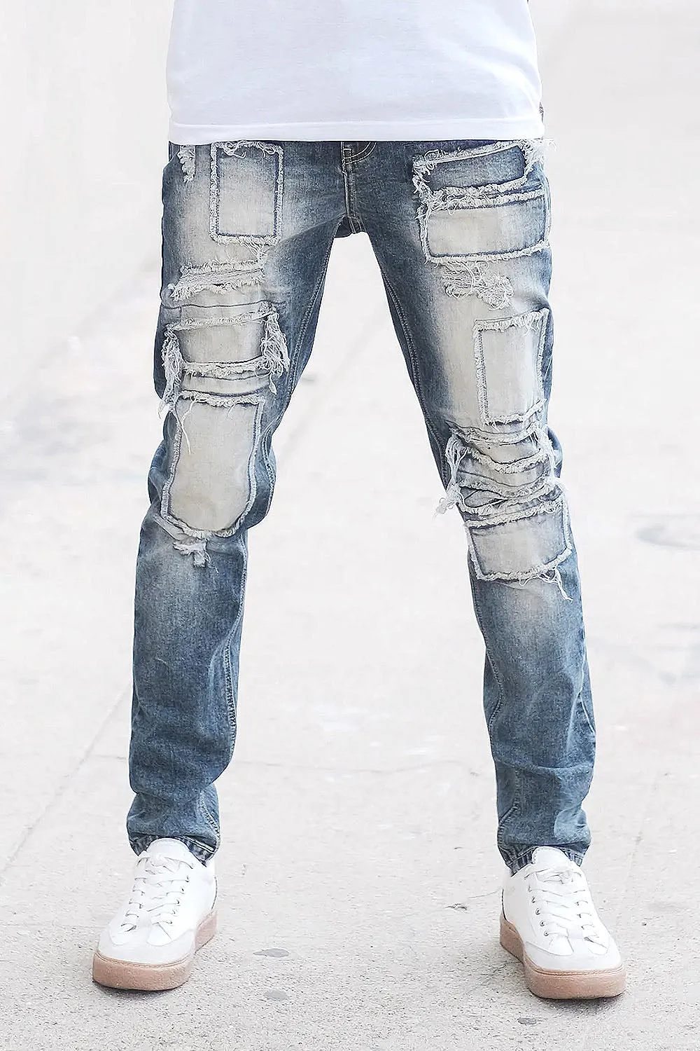 Patchwork Raw Hem Denim Jeans