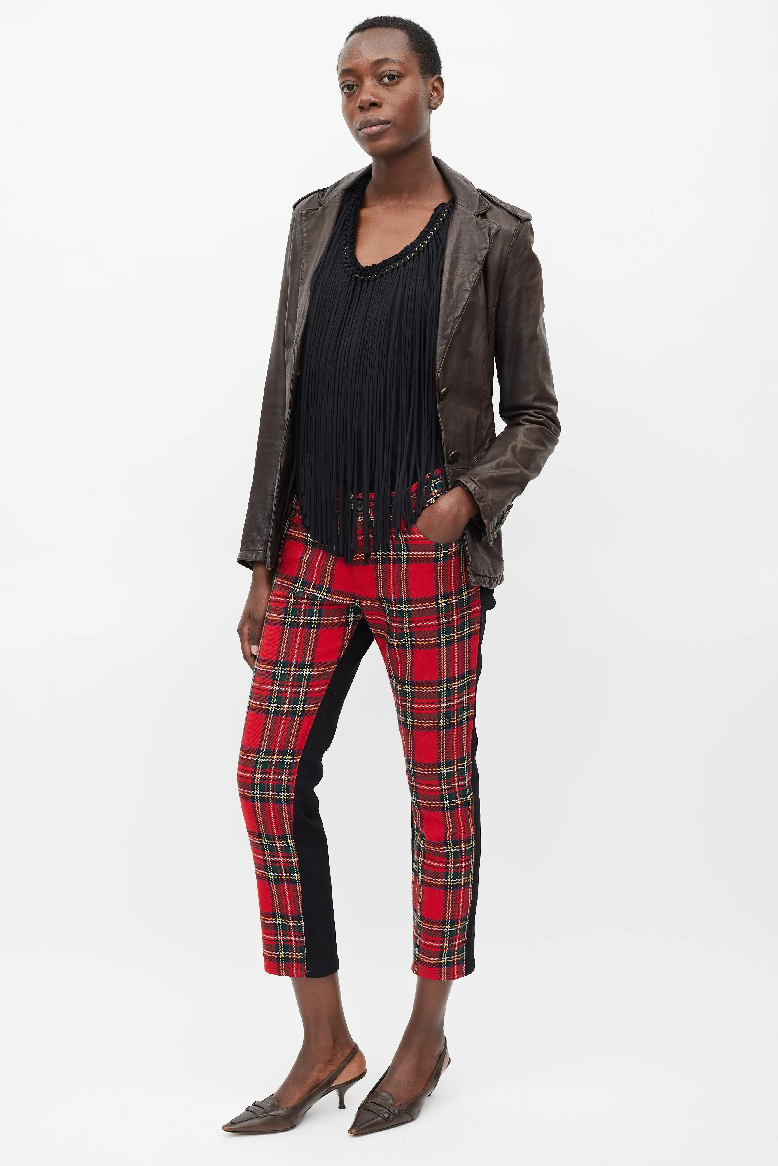 Red & Multicolour Plaid Front Trousers