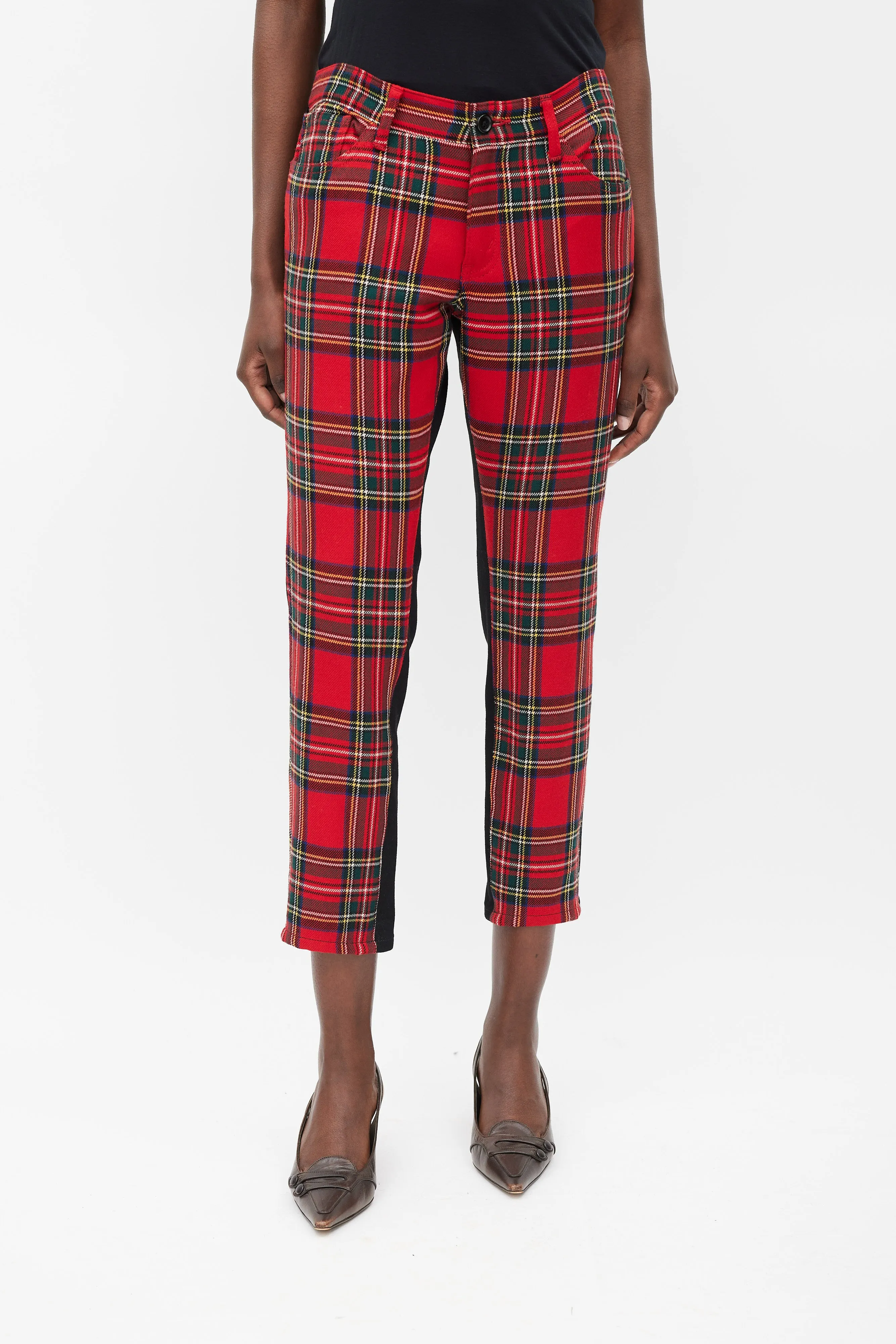 Red & Multicolour Plaid Front Trousers