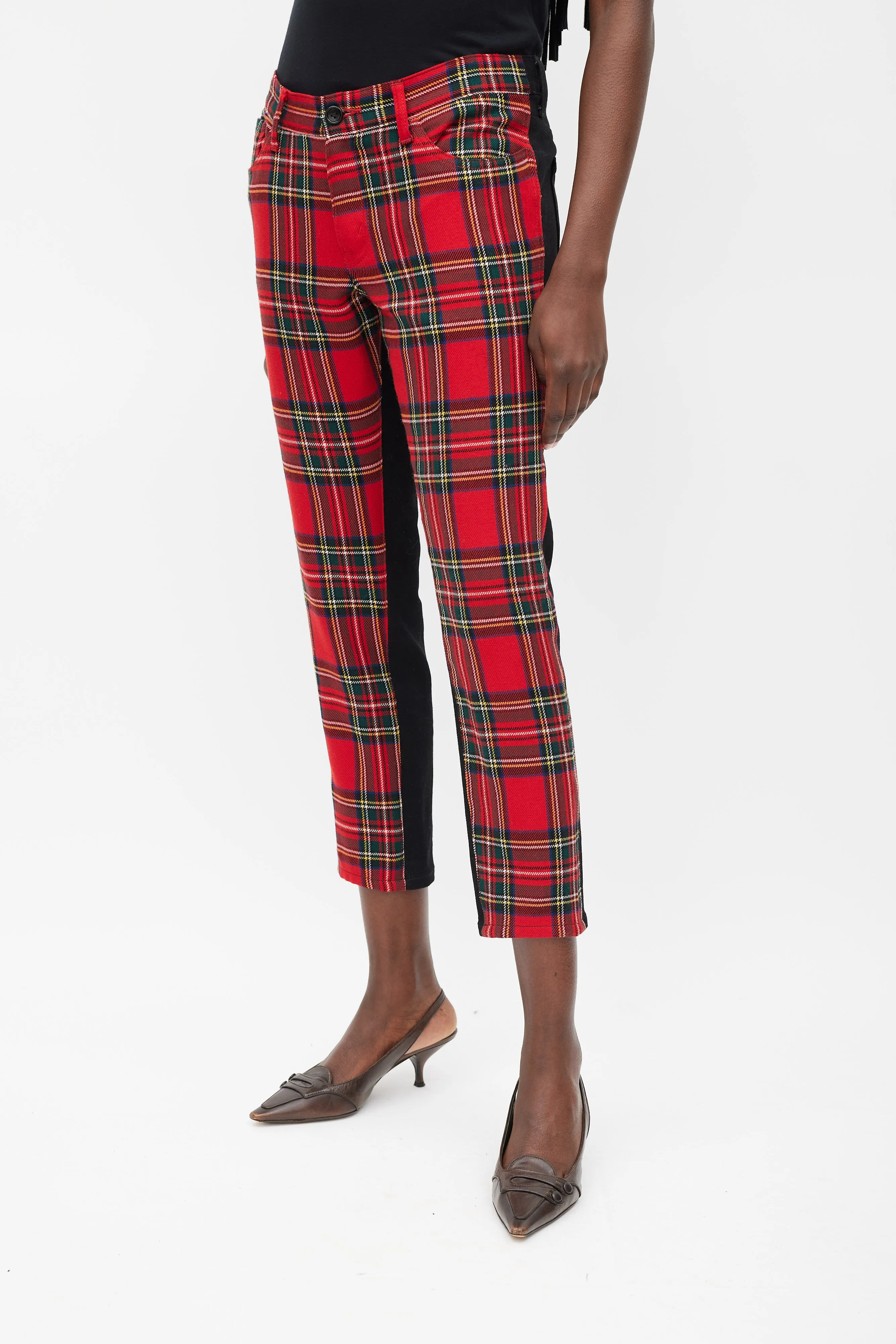 Red & Multicolour Plaid Front Trousers