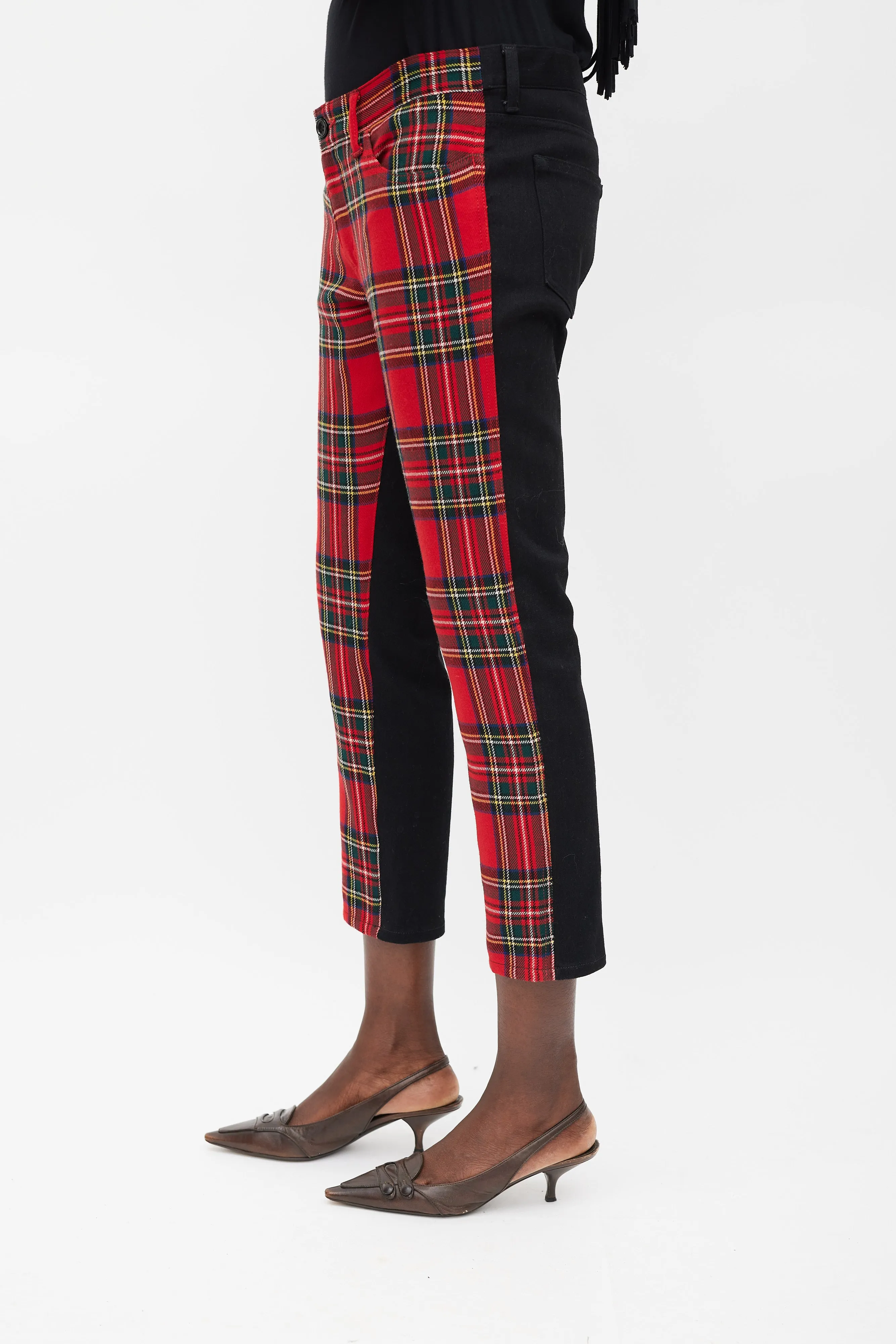 Red & Multicolour Plaid Front Trousers