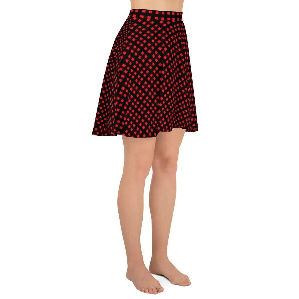 Red Buffalo Plaid Skater Skirt, Plaid Print Preppy Women's Tennis Skirts-Made in USA/EU