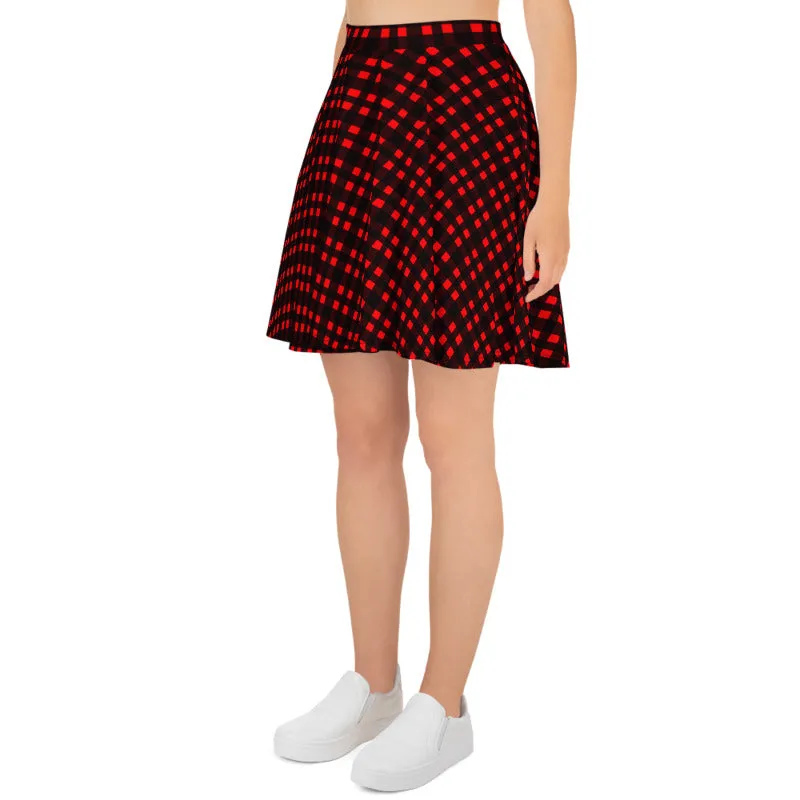 Red Buffalo Plaid Skater Skirt, Plaid Print Preppy Women's Tennis Skirts-Made in USA/EU