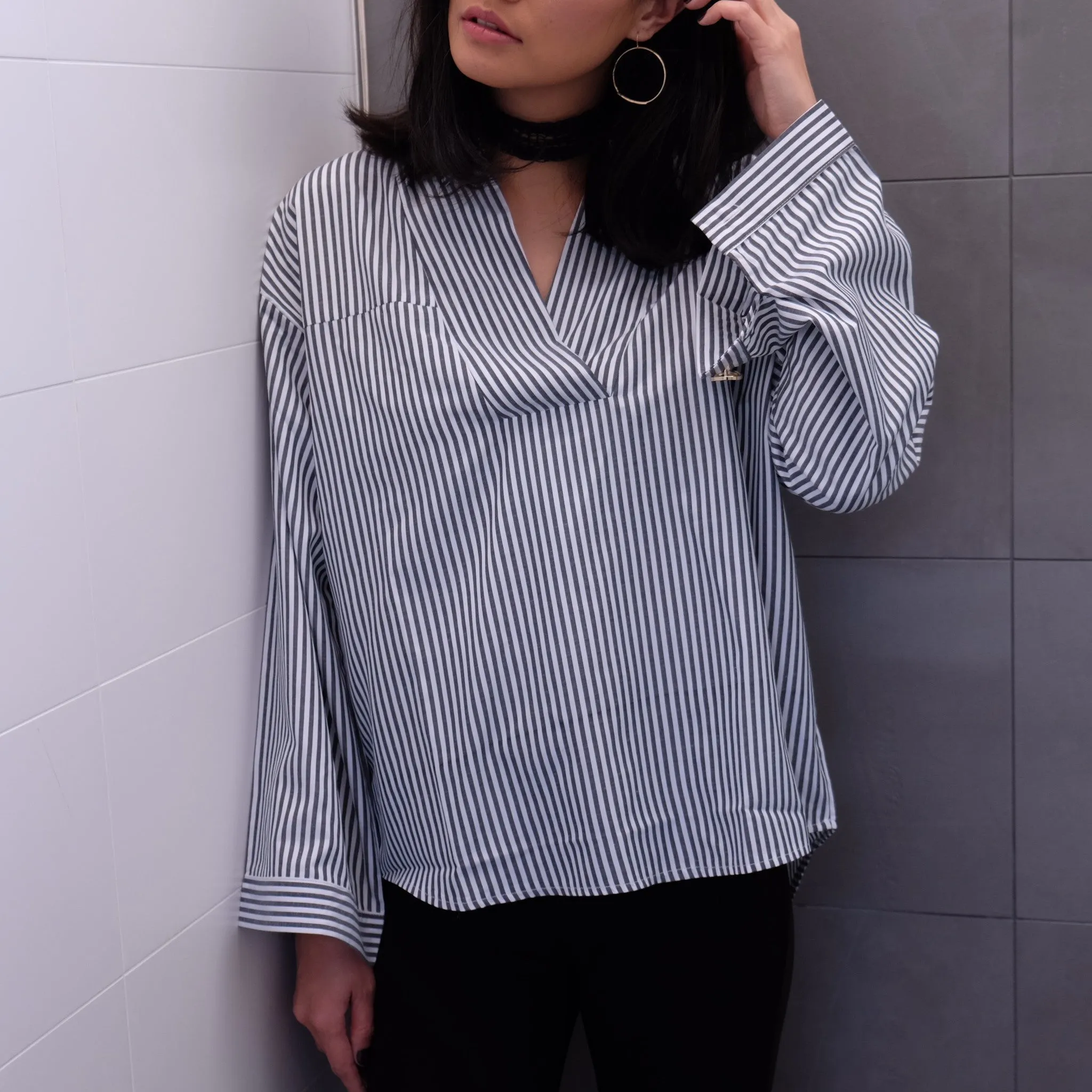 Rene Stripe Bell Sleeve Shirt - BLACK