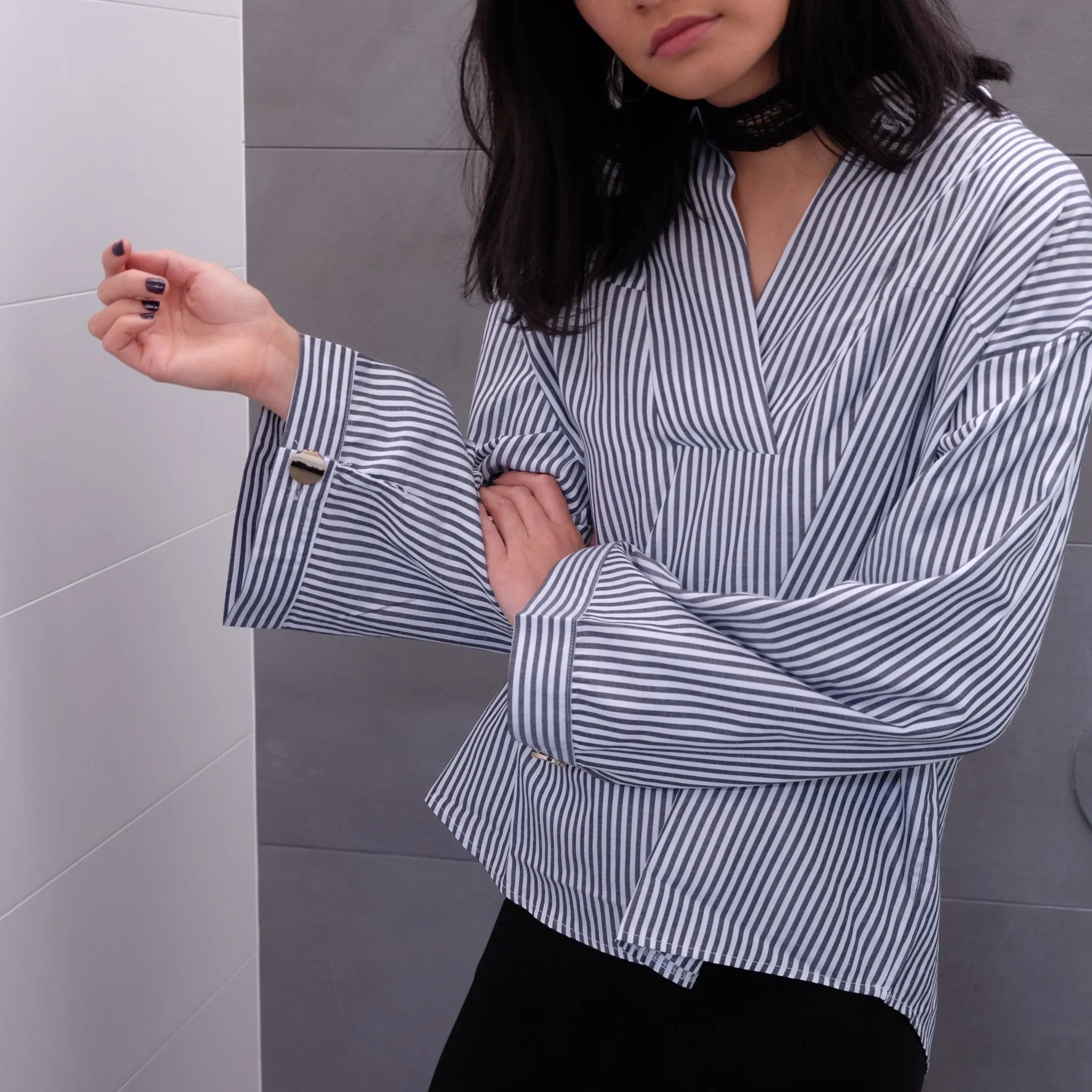 Rene Stripe Bell Sleeve Shirt - BLACK