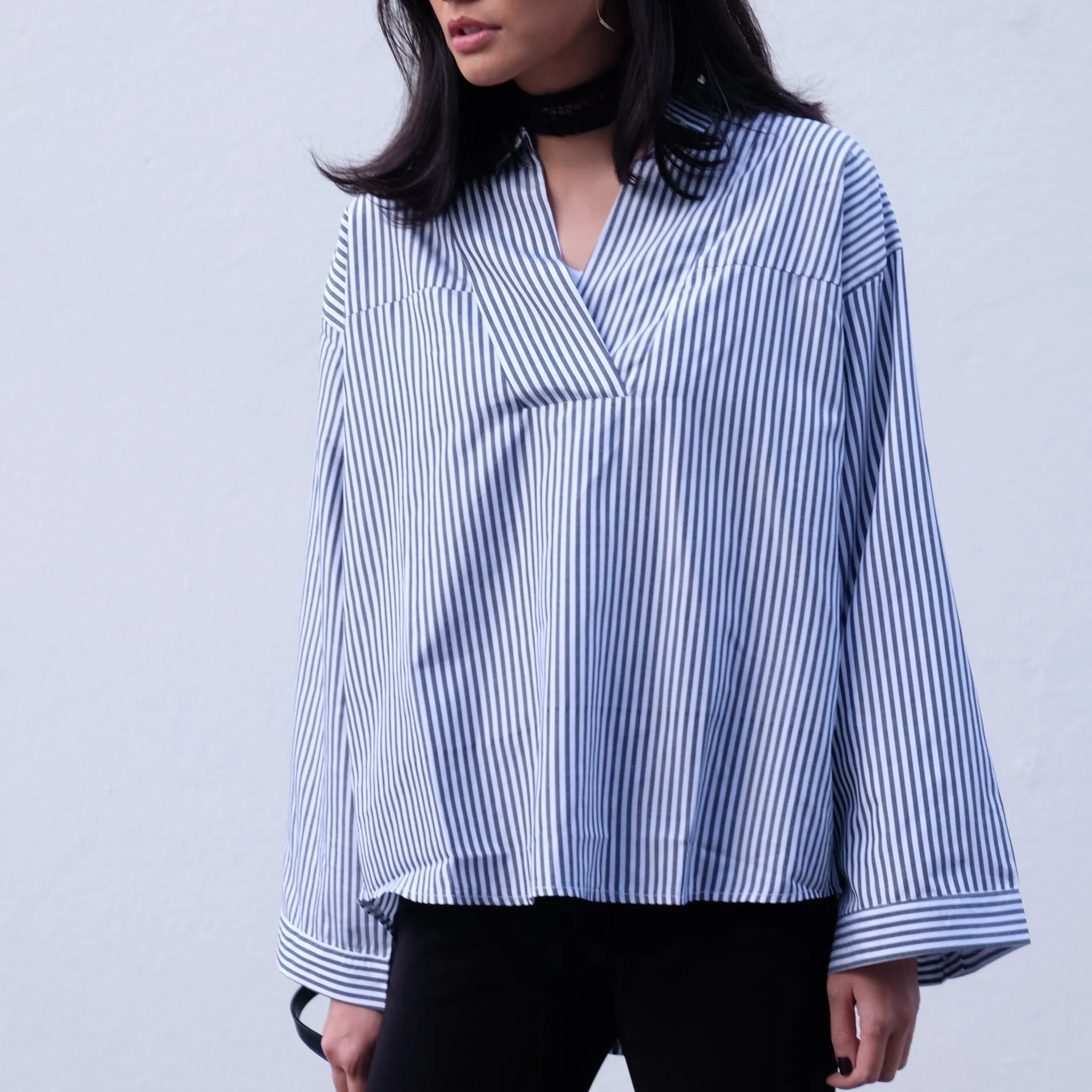 Rene Stripe Bell Sleeve Shirt - BLACK