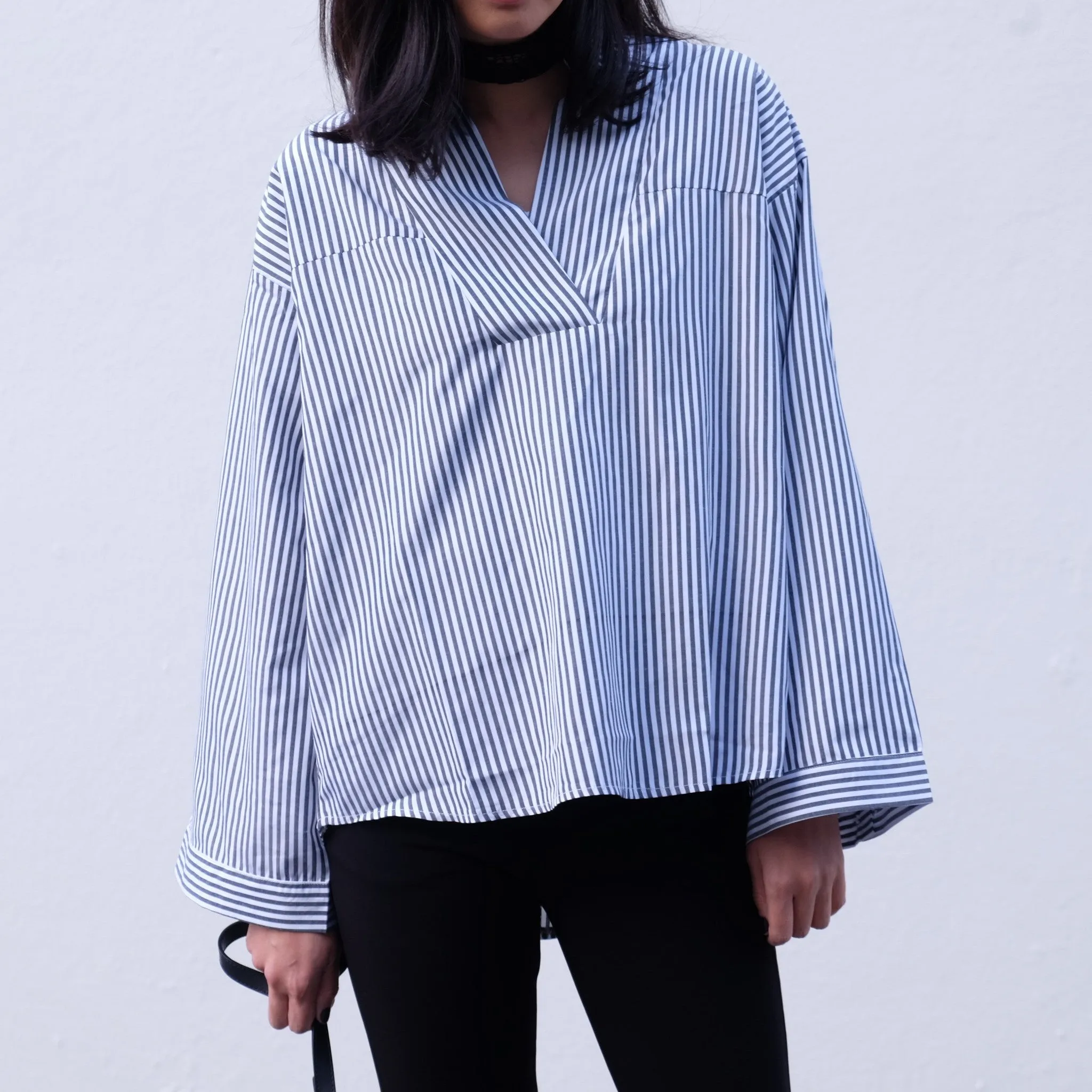 Rene Stripe Bell Sleeve Shirt - BLACK