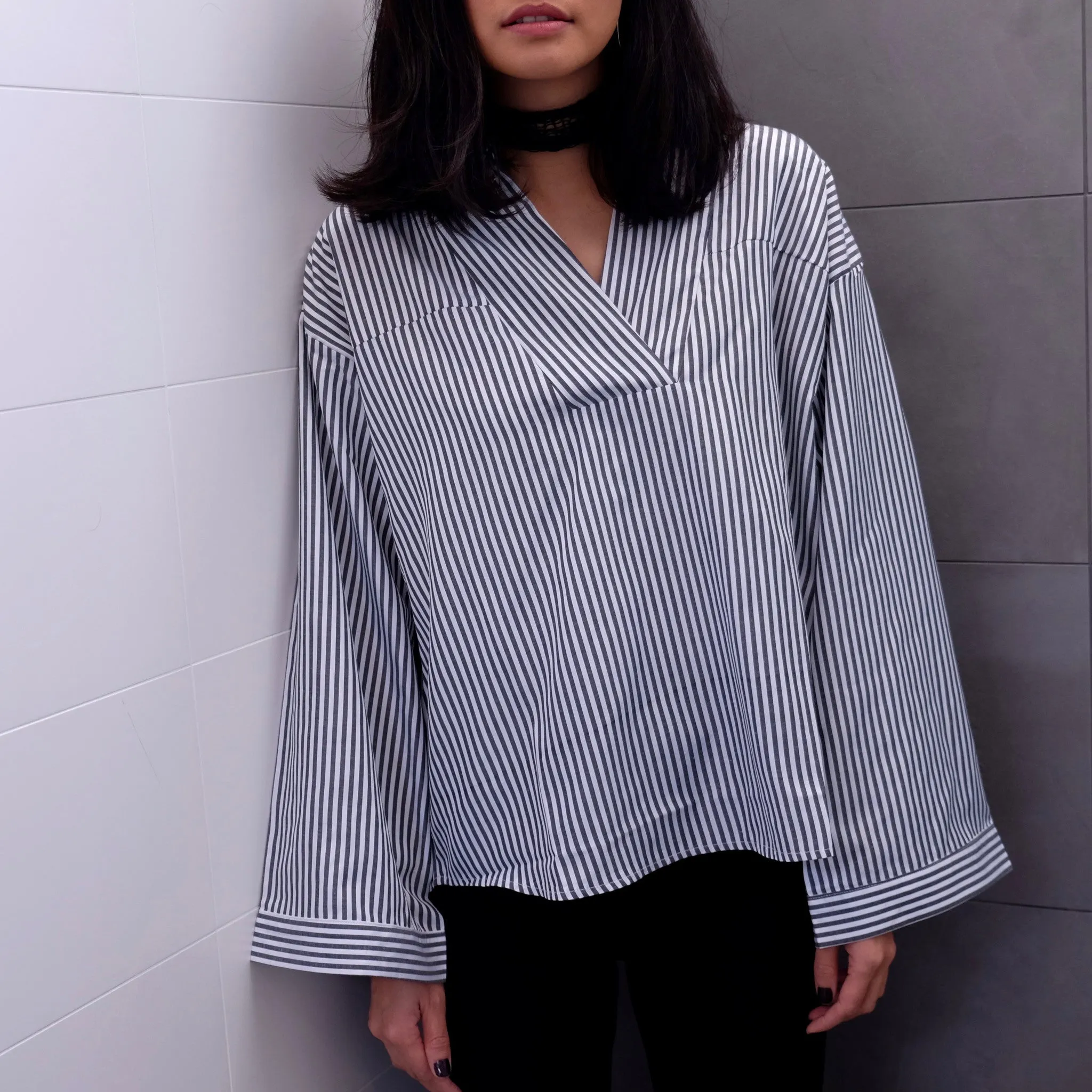 Rene Stripe Bell Sleeve Shirt - BLACK