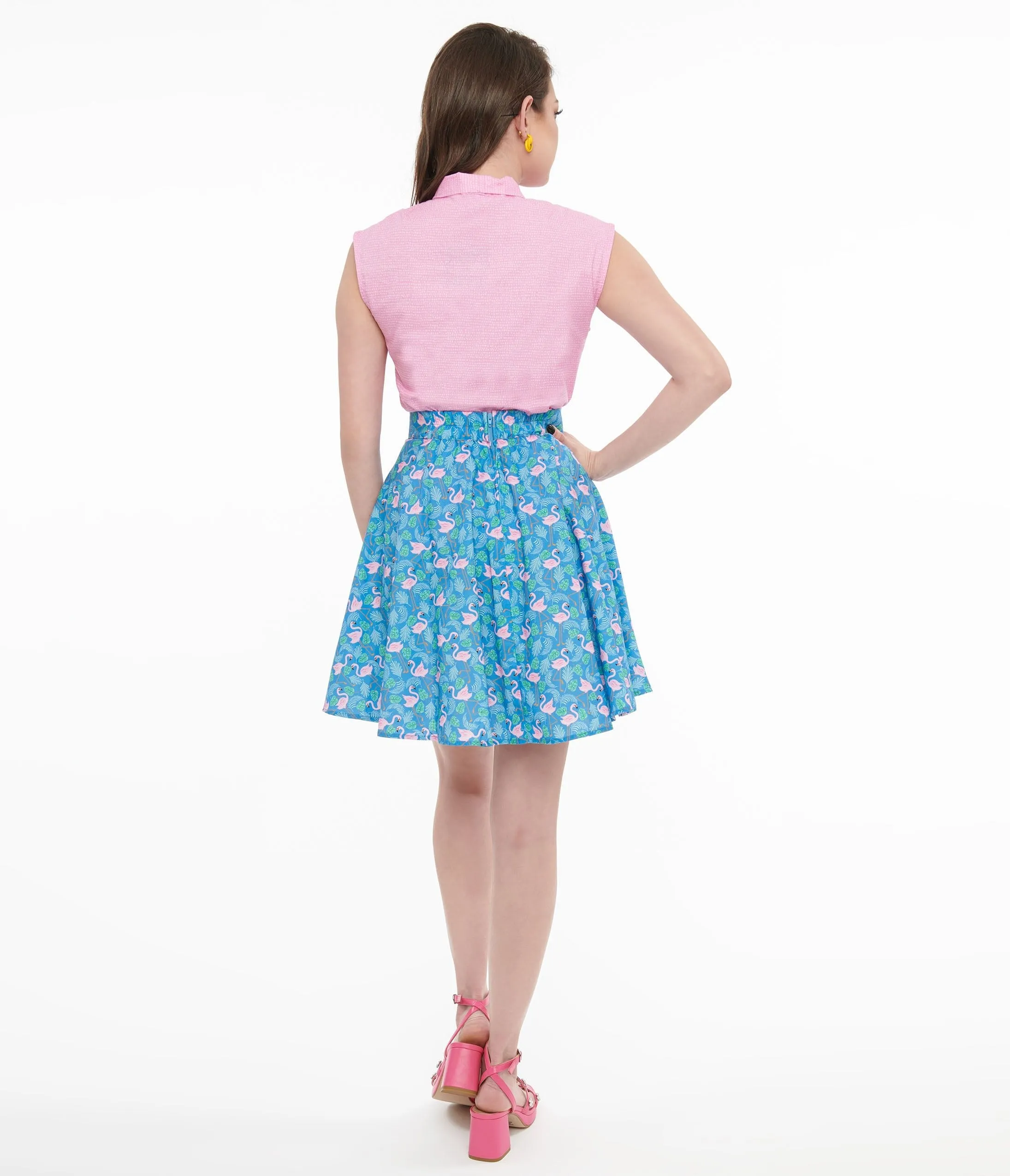 Retrolicious 1950s Blue & Pink Flamingo Print Cotton Skater Skirt