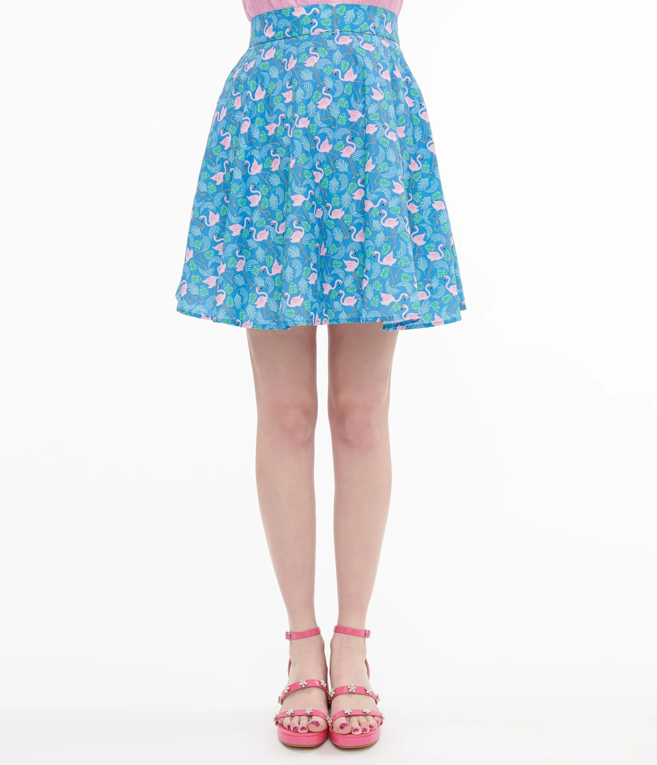 Retrolicious 1950s Blue & Pink Flamingo Print Cotton Skater Skirt