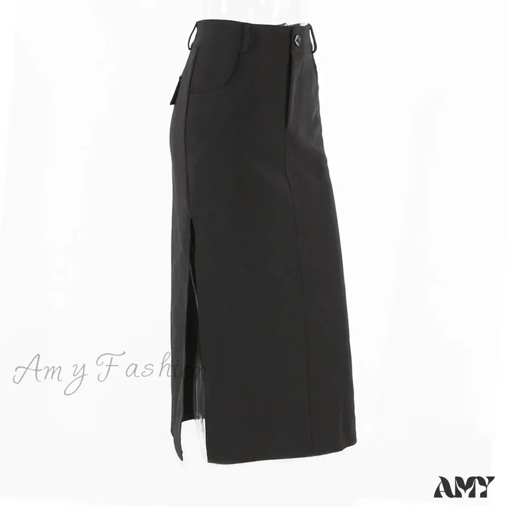 Sexy Goth Dark Waist Black Cargo Y2k Gothic High Grunge Midi Skirt Split Streetwear