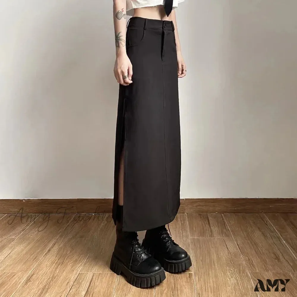 Sexy Goth Dark Waist Black Cargo Y2k Gothic High Grunge Midi Skirt Split Streetwear