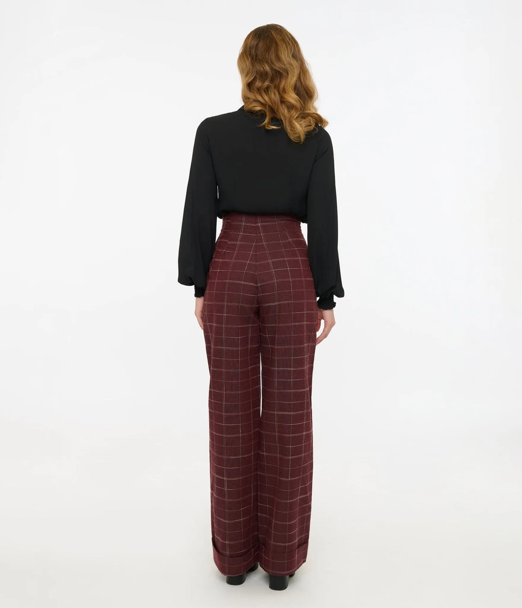 Unique Vintage 1940s Burgundy Windowpane Buttoned Wide Leg Trousers