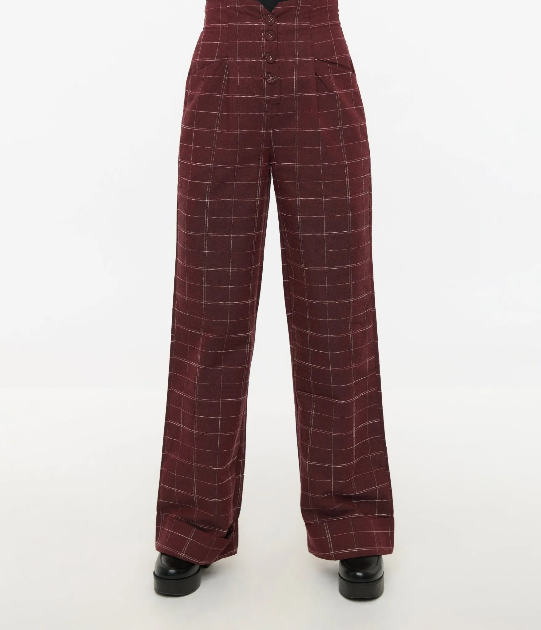 Unique Vintage 1940s Burgundy Windowpane Buttoned Wide Leg Trousers