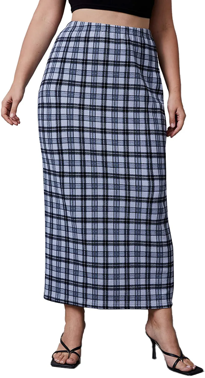 Verdusa Women's Plus Size Plaid Print Elastic Waist Bodycon Long Skirt