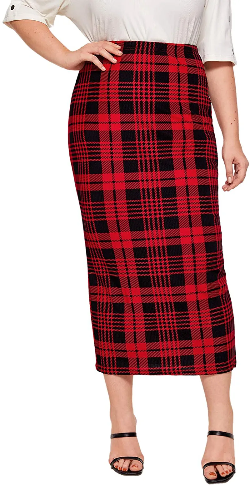 Verdusa Women's Plus Size Plaid Print Elastic Waist Bodycon Long Skirt