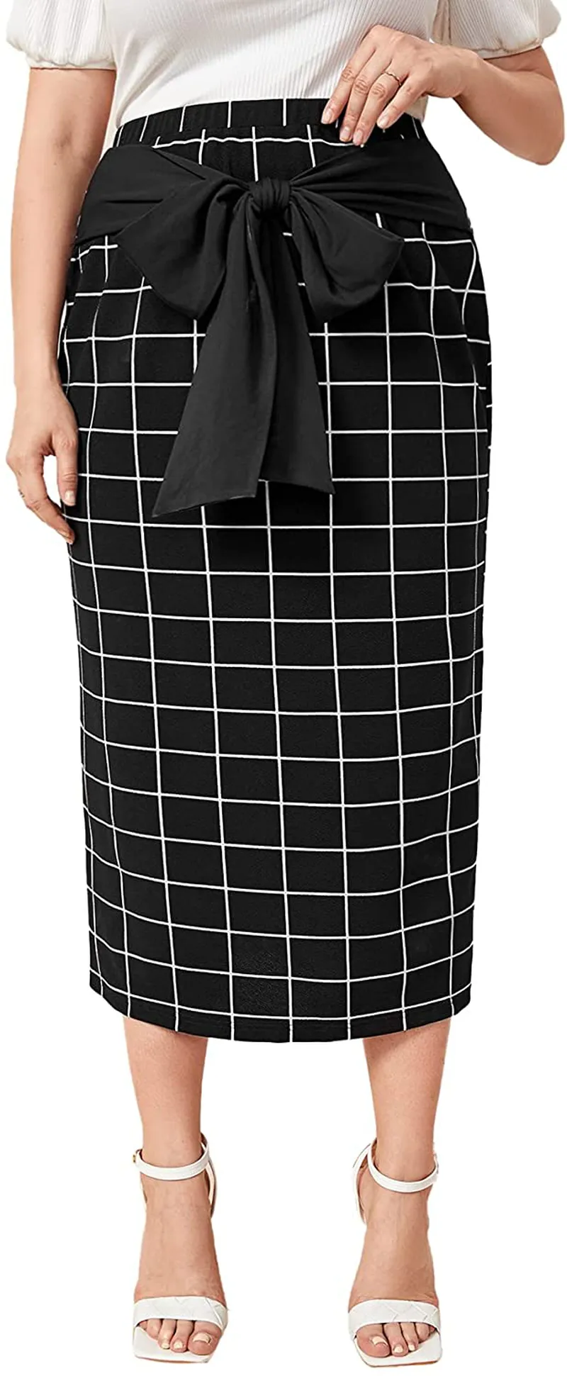 Verdusa Women's Plus Size Plaid Print Elastic Waist Bodycon Long Skirt