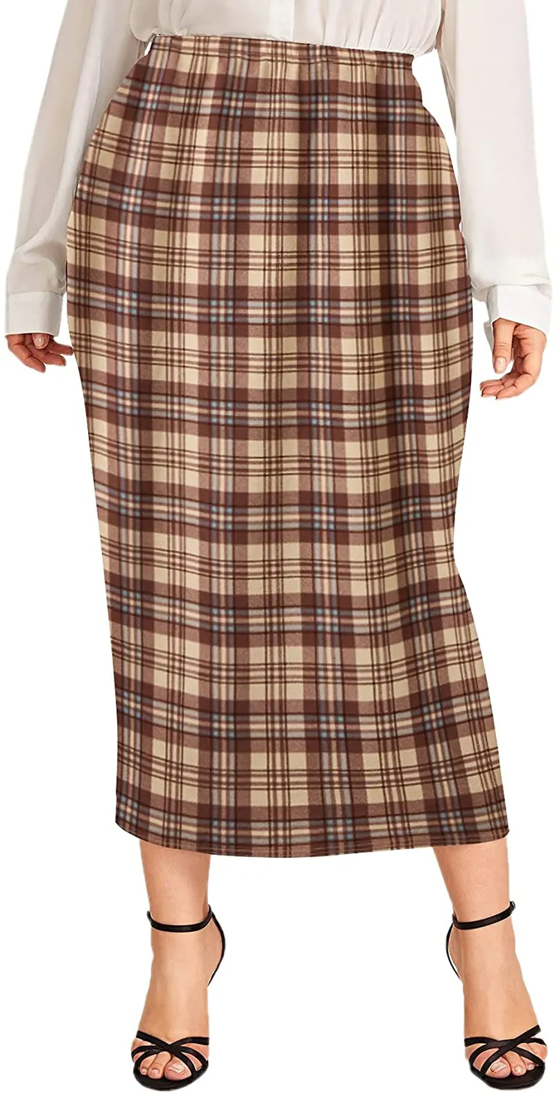 Verdusa Women's Plus Size Plaid Print Elastic Waist Bodycon Long Skirt