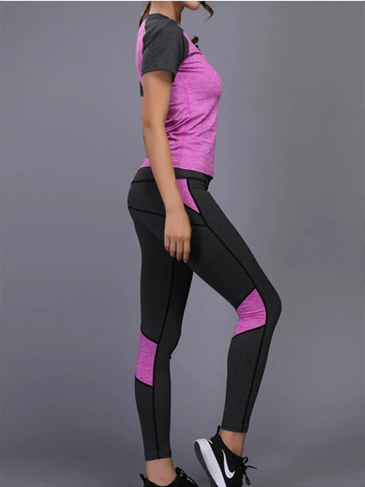 Women's Contrast Panel Workout Top And Legging Set