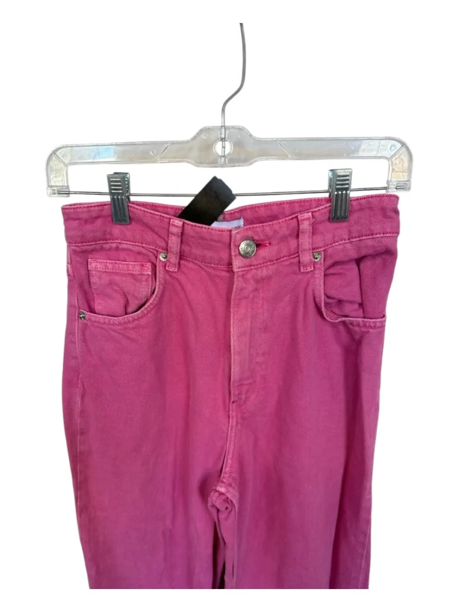 Zara Size 4 Pink Cotton High Waist Wide Leg Raw Hem Jeans